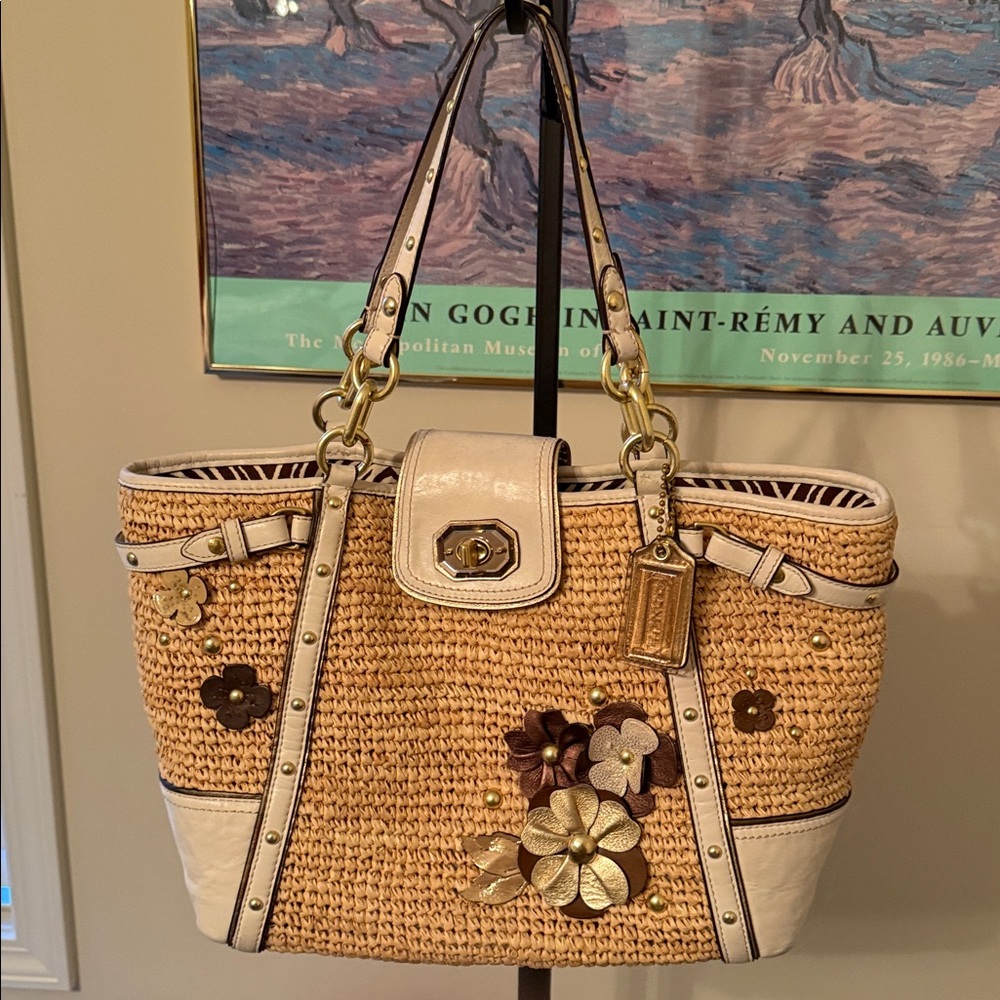 Coach Floral Embellished Tan and Cream Handbag